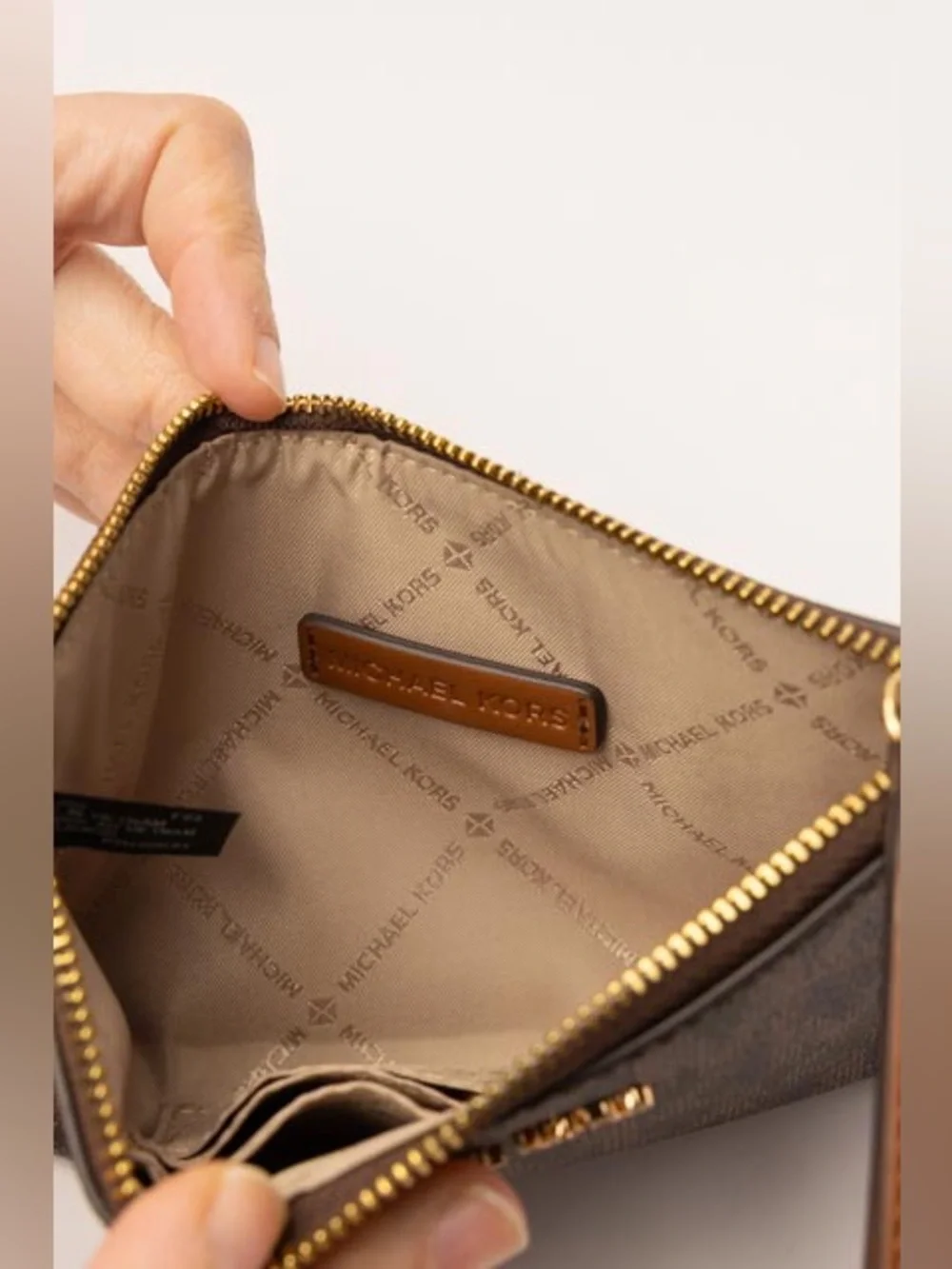 Michael Kors Brown Logo-Print Wristlet with Gold Hardware